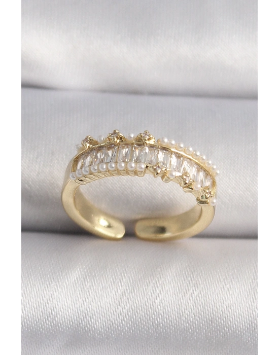 ® Pirinç Gold Renk Zirkon Taşlı İnci Detay VIP Seri Kadın Yüzük