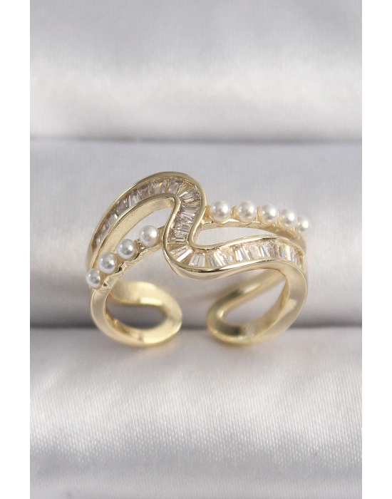 ® Pirinç Gold Renk Zirkon Taşlı İnci Detay VIP Seri Kadın Yüzük