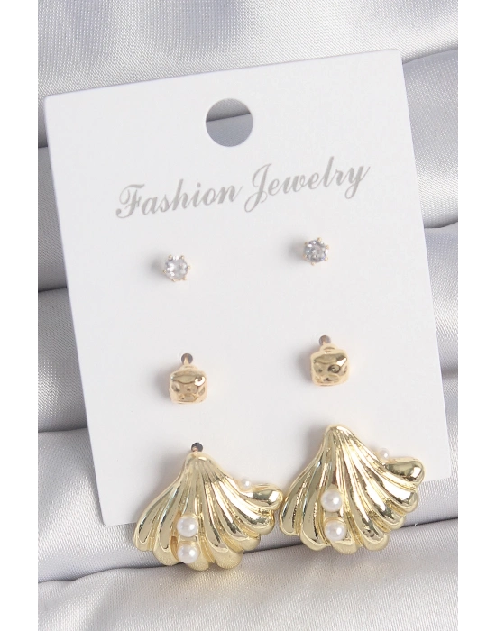 ® Pirinç Gold Renk Zirkon Taşlı İnci Detaylı Deniz Kabuğu Model 3 Çift Kadın Küpe Seti
