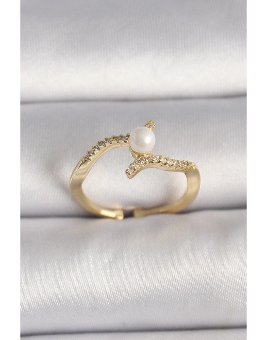 ® Pirinç Gold Renk Zirkon Taşlı İncili Ayarlanabilir Yüzük