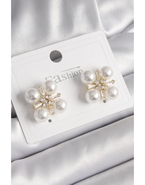 ® Pirinç Gold Renk Zirkon Taşlı İncili Kadın Küpe