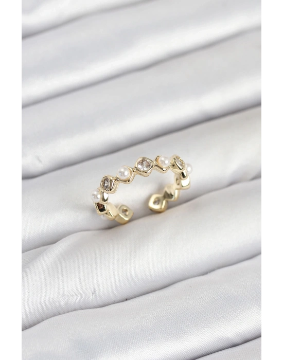 ® Pirinç Gold Renk Zirkon Taşlı İncili Kadın Yüzük