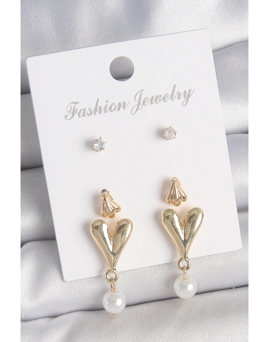 ® Pirinç Gold Renk Zirkon Taşlı İncili Sallantılı Kalp Model 3 Çift Kadın Küpe Seti