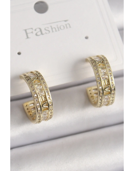 ® Pirinç Gold Renk Zirkon Taşlı İşleme Detay Halka Model Kadın Küpe