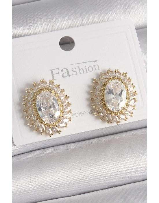 ® Pirinç Gold Renk Zirkon Taşlı Kadın Küpe