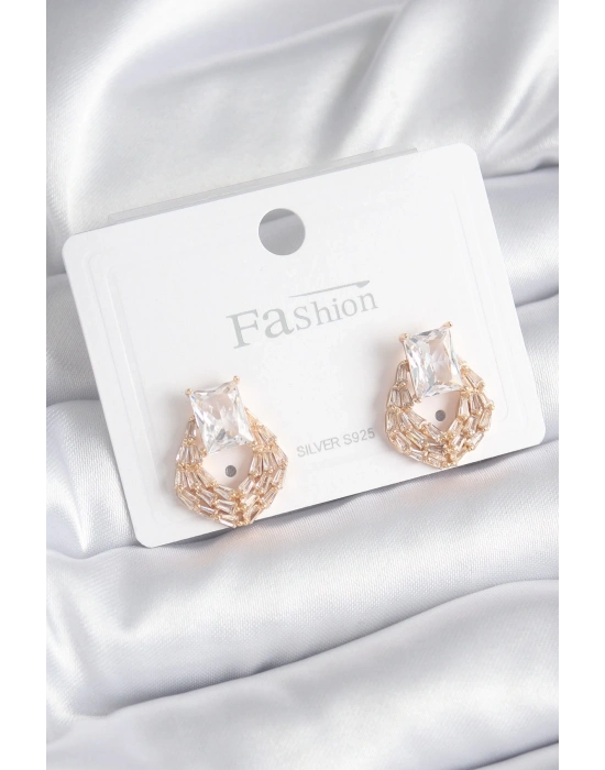 ® Pirinç Gold Renk Zirkon Taşlı Kadın Küpe