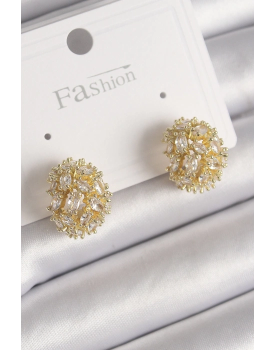 ® Pirinç Gold Renk Zirkon Taşlı Kadın Küpe