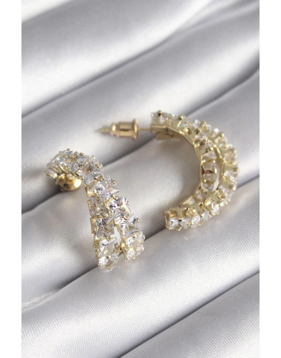 ® Pirinç Gold Renk Zirkon Taşlı Kadın Küpe