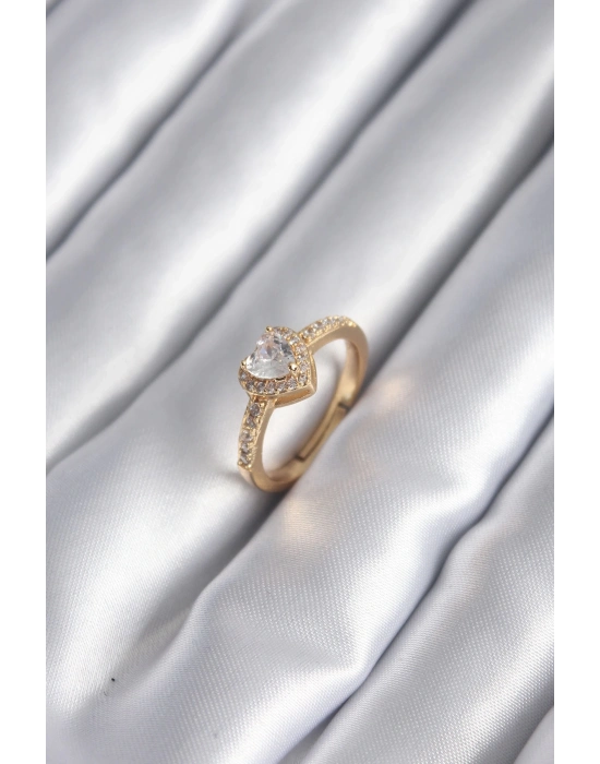 ® Pirinç Gold Renk Zirkon Taşlı Kalp Charm Model Kadın Yüzük
