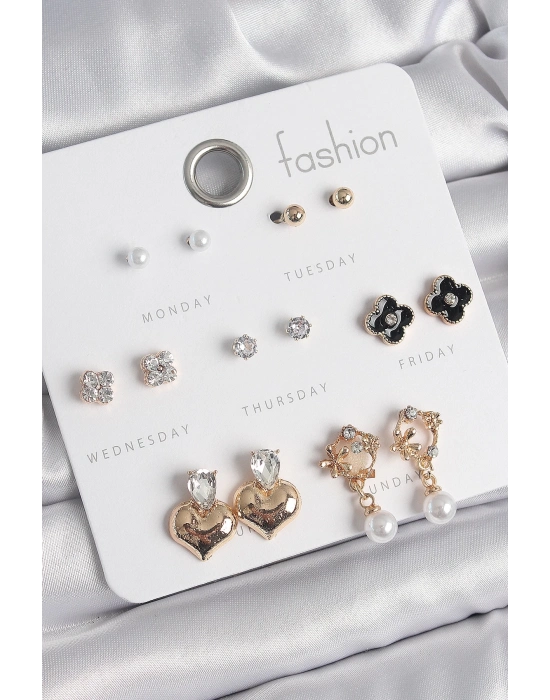 ® Pirinç Gold Renk Zirkon Taşlı Kalp Figür Siyah Yonca Detay 7 Çift Kadın Küpe Seti