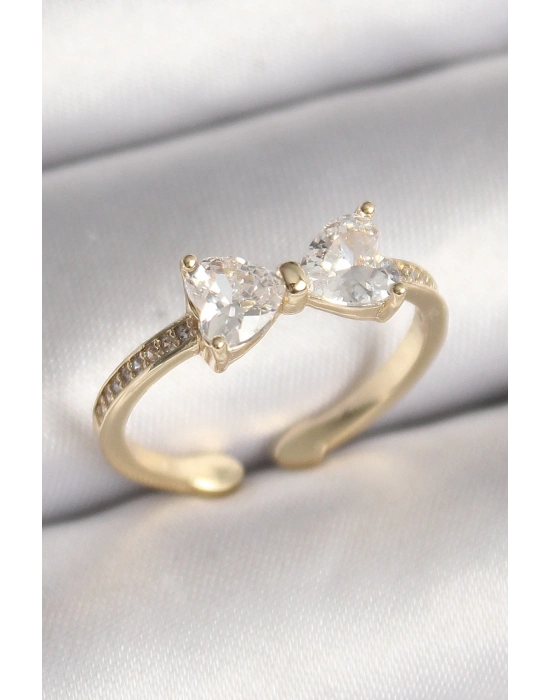 ® Pirinç Gold Renk Zirkon Taşlı Kalp Fiyonk Model Kadın Yüzük