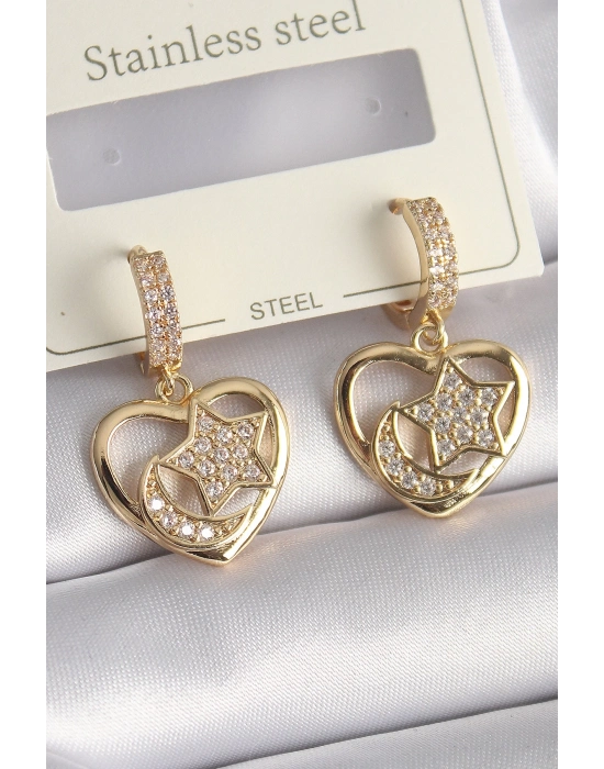 ® Pirinç Gold Renk Zirkon Taşlı Kalp Model Ay Yıldız İşleme Kadın Küpe
