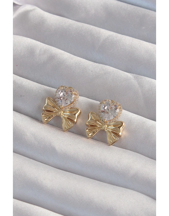 ® Pirinç Gold Renk Zirkon Taşlı Kalp Model Fiyonk Küpe