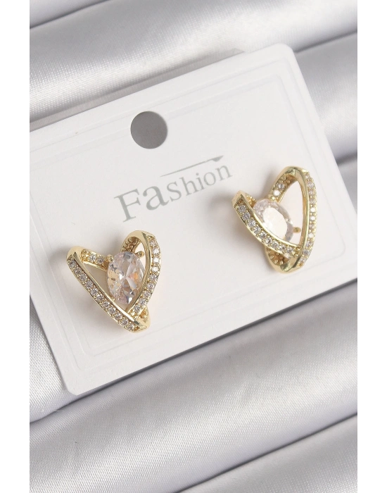 ® Pirinç Gold Renk Zirkon Taşlı Kalp Model Kadın Küpe