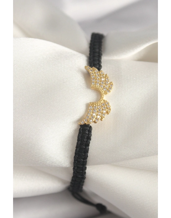 ® Pirinç Gold Renk Zirkon Taşlı Kanat Figür Asansörlü Makrome Model Kadın Bileklik