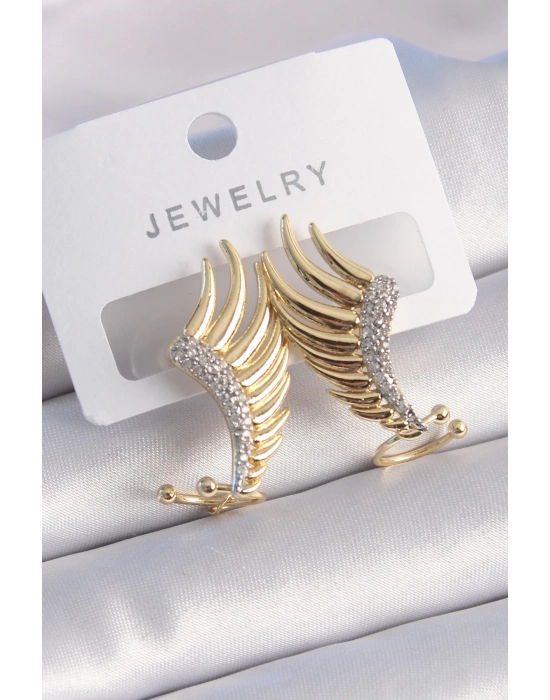 ® Pirinç Gold Renk Zirkon Taşlı Kanat Model Kadın Küpe