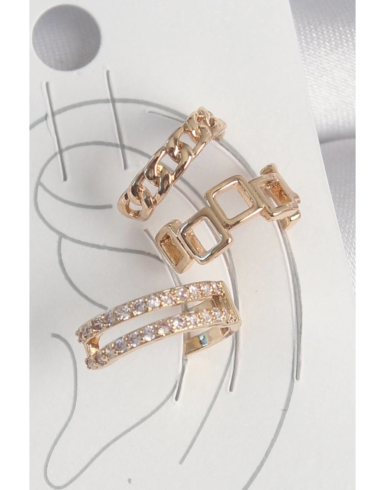 ® Pirinç Gold Renk Zirkon Taşlı Kare Zincir Model Kadın Kıkırdak Küpe