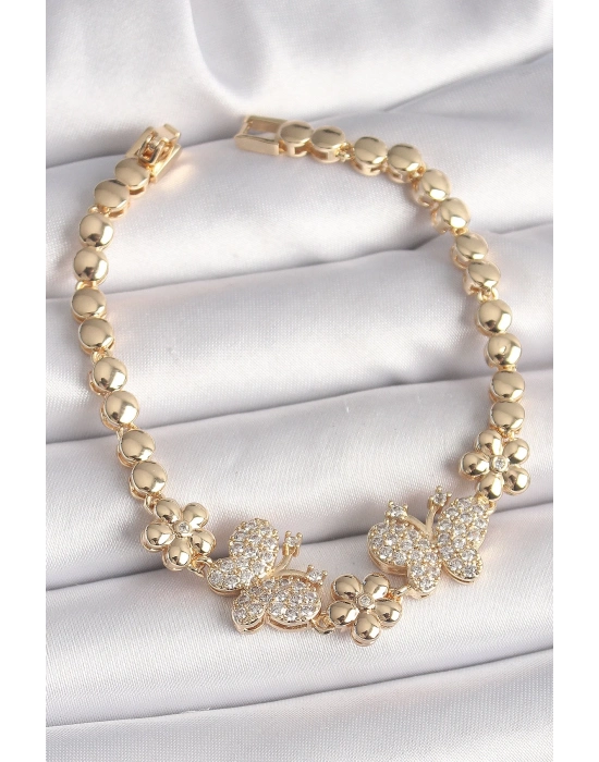 ® Pirinç Gold Renk Zirkon Taşlı Kelebek Figür Çiçek Zincir Model Kadın Bileklik