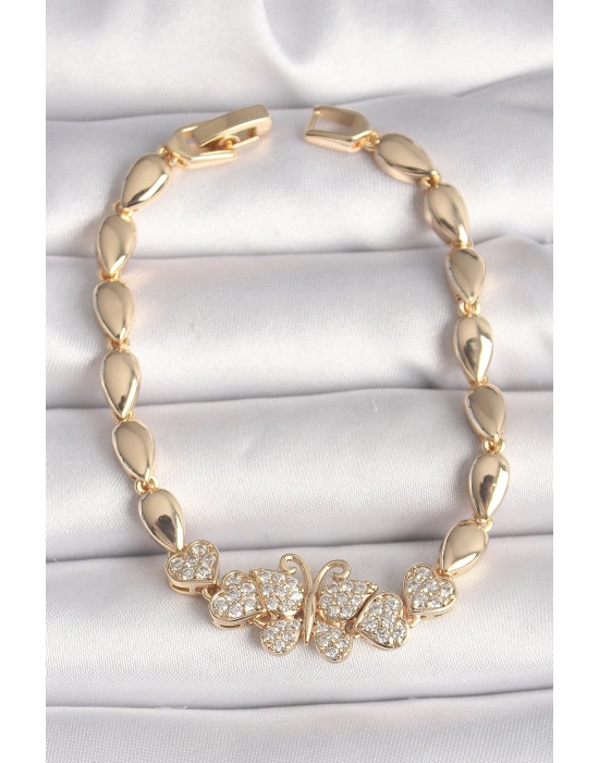 ® Pirinç Gold Renk Zirkon Taşlı Kelebek Figür Damla Zincir Model Kadın Bileklik