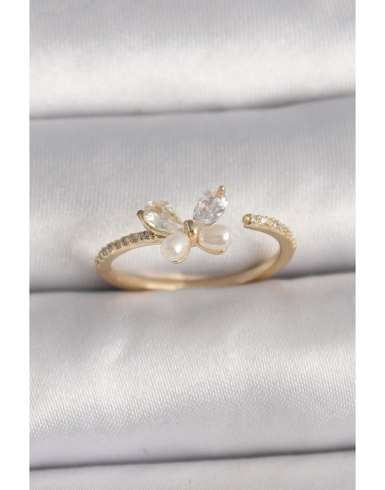 ® Pirinç Gold Renk Zirkon Taşlı Kelebek Mode İnci Detay Ayarlanabilir Yüzük
