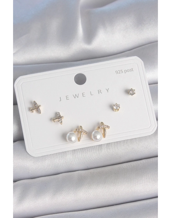 ® Pirinç Gold Renk Zirkon Taşlı Kelebek Model İnci Detay 925 Ayar Gümüş Çivi Kadın Küpe Seti