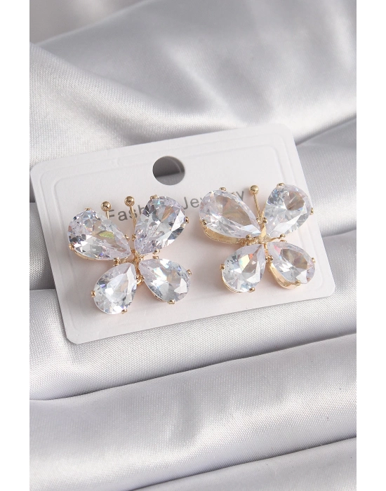 ® Pirinç Gold Renk Zirkon Taşlı Kelebek Model Kadın Küpe