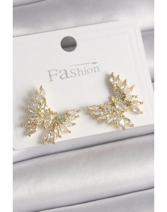 ® Pirinç Gold Renk Zirkon Taşlı Kelebek Model Kadın Küpe