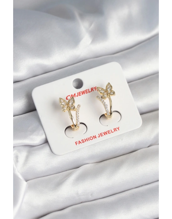 ® Pirinç Gold Renk Zirkon Taşlı Kelebek Model Kadın Küpe