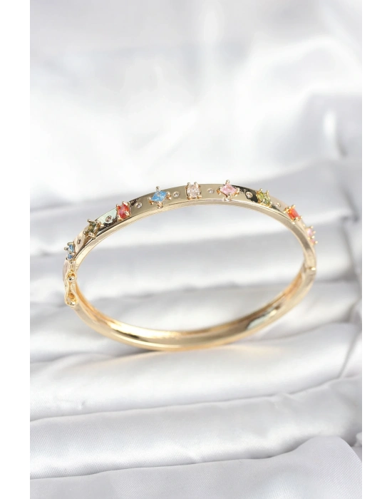 ® Pirinç Gold Renk Zirkon Taşlı Kelepçe Bileklik