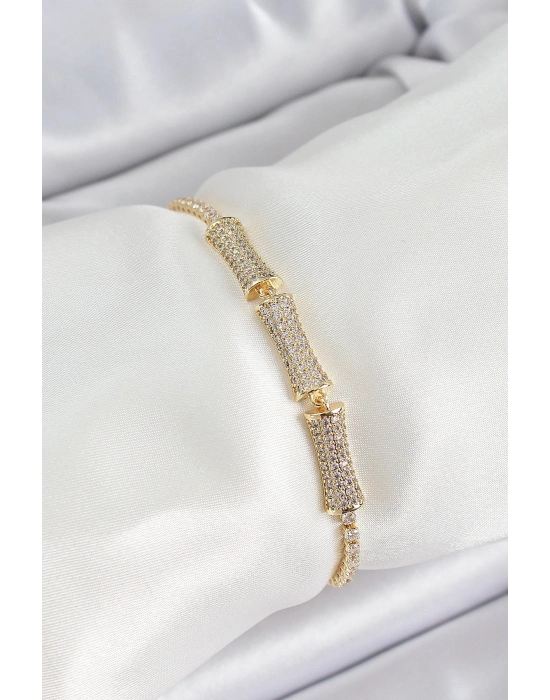 ® Pirinç Gold Renk Zirkon Taşlı Kemik Model Kadın Bileklik