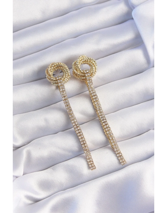 ® Pirinç Gold Renk Zirkon Taşlı Kıvrım Detay Sallantılı Küpe