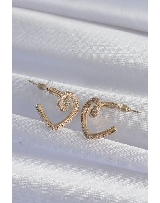® Pirinç Gold Renk Zirkon Taşlı Kıvrımlı Yarım Kalp Küpe