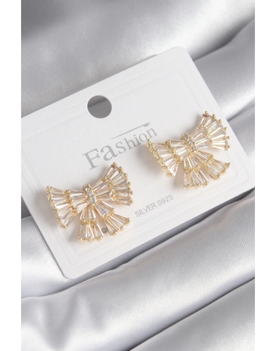® Pirinç Gold Renk Zirkon Taşlı Kurdele Model Kadın Küpe
