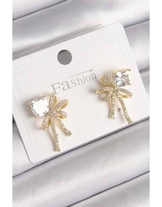 ® Pirinç Gold Renk Zirkon Taşlı Kurdele Model Kadın Küpe