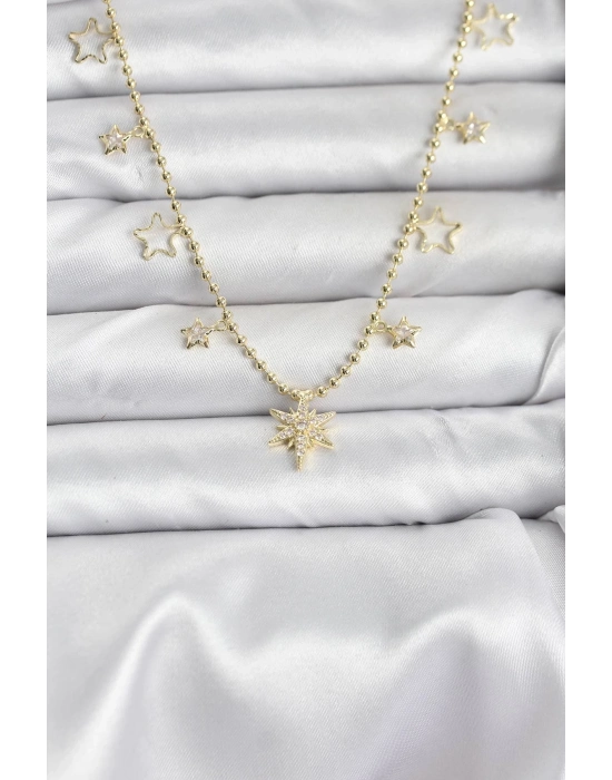 ® Pirinç Gold Renk Zirkon Taşlı Kutup Yıldızı Model Kadın Kolye