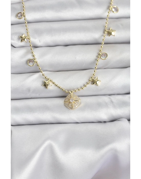 ® Pirinç Gold Renk Zirkon Taşlı Kutup Yıldızı Model Kadın Kolye