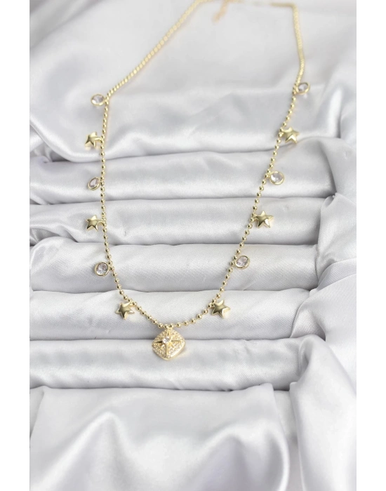 ® Pirinç Gold Renk Zirkon Taşlı Kutup Yıldızı Model Kadın Kolye