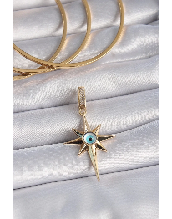 ® Pirinç Gold Renk Zirkon Taşlı Kutup Yıldızı Nazar Boncuk Detay Ajda Charm