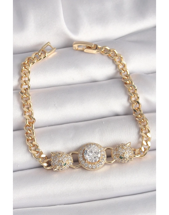 ® Pirinç Gold Renk Zirkon Taşlı Leopar Figür Zincir Model Kadın Bileklik