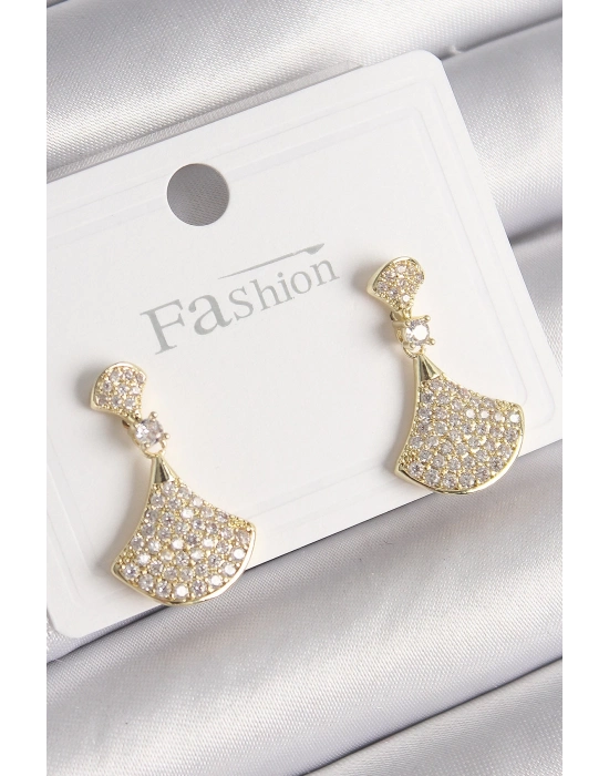 ® Pirinç Gold Renk Zirkon Taşlı Motif Model Kadın Küpe