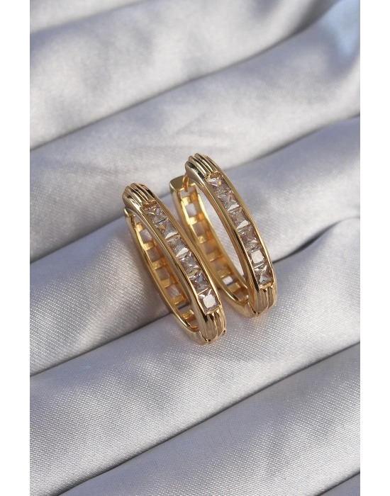 ® Pirinç Gold Renk Zirkon Taşlı Oval Model Küpe