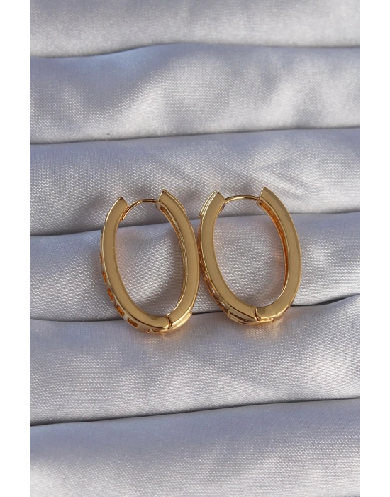 ® Pirinç Gold Renk Zirkon Taşlı Oval Model Küpe