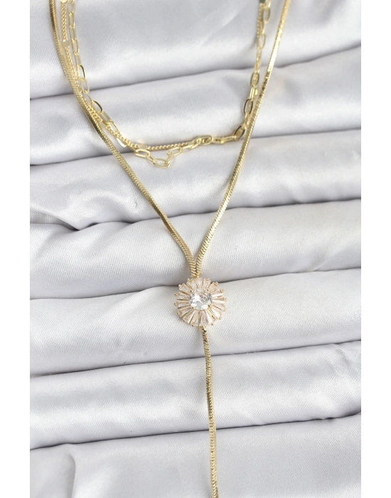 ® Pirinç Gold Renk Zirkon Taşlı Papatya Model Detaylı 3lü Kombin Y Kadın Kolye