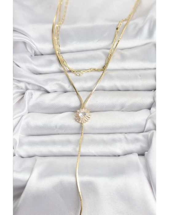 ® Pirinç Gold Renk Zirkon Taşlı Papatya Model Detaylı 3lü Kombin Y Kadın Kolye