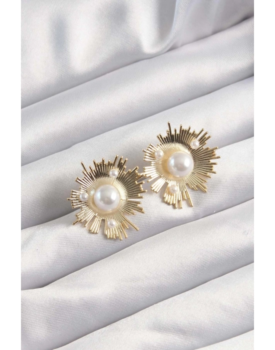® Pirinç Gold Renk Zirkon Taşlı Parlayan İnci Taneleri Küpe