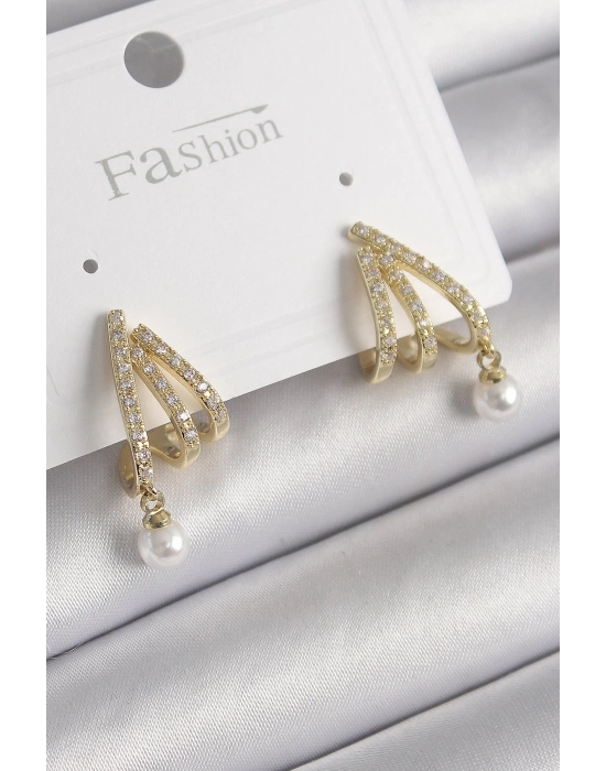 ® Pirinç Gold Renk Zirkon Taşlı Pençe Model İnci Detay Kadın Küpe