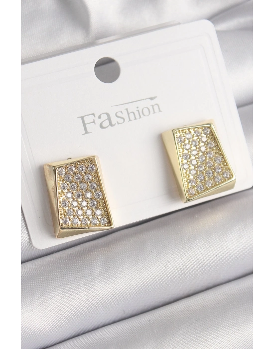® Pirinç Gold Renk Zirkon Taşlı Plaka Model Kadın Küpe