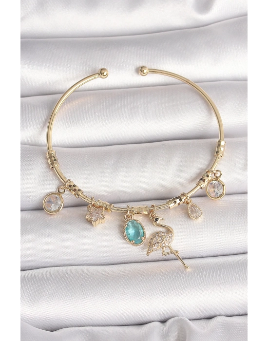 ® Pirinç Gold Renk Zirkon Taşlı Sallantı Filamingo Figür Charm Kadın Bileklik