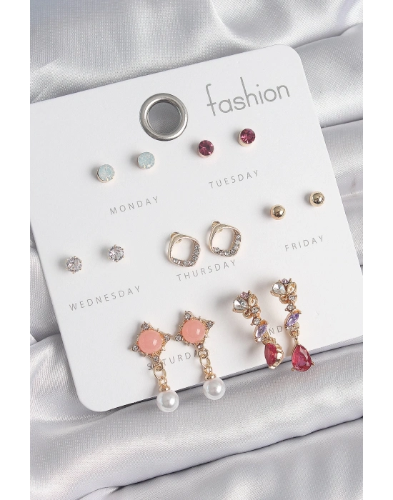 ® Pirinç Gold Renk Zirkon Taşlı Sallantı İnci Detay 7 Çift Kadın Küpe