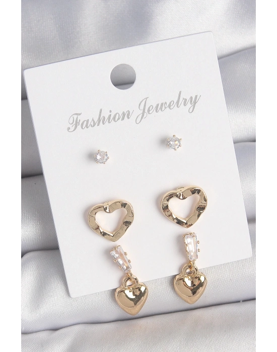 ® Pirinç Gold Renk Zirkon Taşlı Sallantı Kalp Model Kadın 3 Çift Küpe Seti